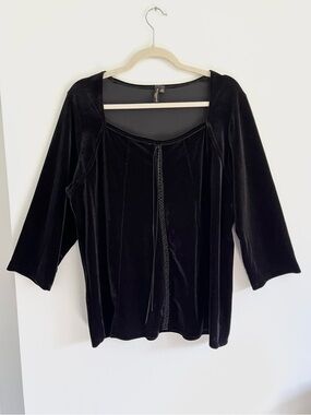 Susan Lawrence 1X Black Velvet 3/4 Sleeve Whimsigoth Corset Style Top 90’s Goth